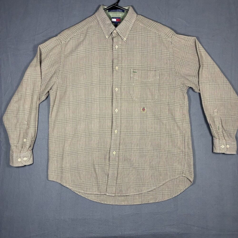 Vintage Tommy Hilfiger Shirt men's Medium Tan Houndstooth Plaid Crest Oxford